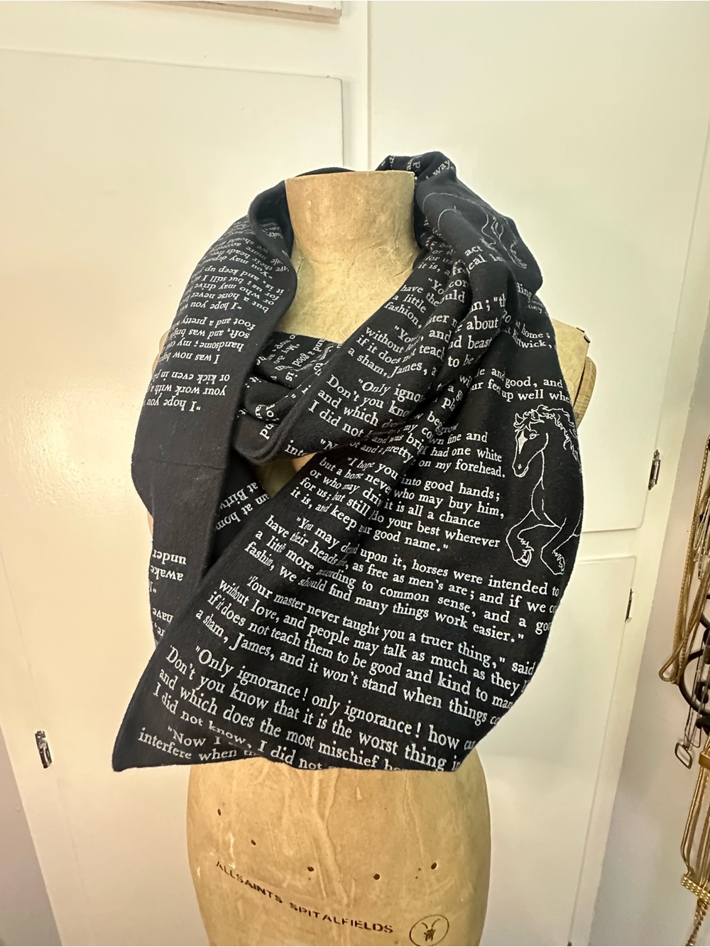 Storiarts Black Printed Text Infinity Scarf with Horse Motif